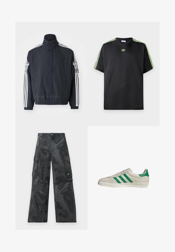 adidas Originals ADIBREAK - Windbreaker - black; Schwarzes T-Shirt aus glattem Stoff mit Rundhalsausschnitt, das drei grüne Streifen auf den Schultern und ein kleines grünes Logo auf der Brust zeigt.; Schwarz Cargo-Hosen mit einem strukturierten, dunklen Muster. Sie verfügen über mehrere Seitentaschen und ein kleines grünes Logo-Akzent auf der Vorderseite.; Beige Sneaker mit grünen Streifen, ausgestattet mit einer weißen Sohle und einem Obermaterial aus glattem Leder. Seitenansicht, die die Schnürdetails und das Logo hervorhebt.
