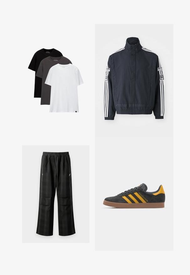 adidas Originals ADIBREAK - Széldzseki - black; Három szabványos szabású póló rétegezve. Színek: fekete, sötétszürke és fehér. Pamut anyag, rövid ujjakkal és kerek nyakkivágással. Minimális márkázás.; Fekete kockás nadrág, rugalmas derékkal, két elülső zsebbel és laza, egyenes szárú fazonnal. Könnyű anyagból készült.; Fekete velúrbőr sportcipő sárga díszítéssel, három csíkkal és barna gumitalppal. Párnázott nyelvével a kényelem érdekében.