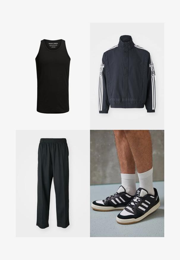 adidas Originals ADIBREAK - Windbreaker - black; Black tank top made from cotton blend fabric, featuring a classic crew neck and sleeveless design. Plain texture with no patterns or accents.; Black athletic pants with an elastic waistband, made of smooth fabric, featuring subtle side stitching and a relaxed fit, straight leg design.; Black and white sneakers with a suede and leather upper, featuring three white stripes, a perforated toe, and a gum rubber sole.