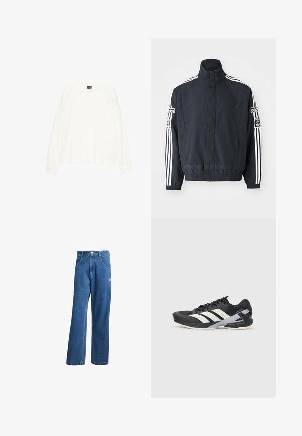 adidas Originals ADIBREAK - Windbreaker - black; Weißes Langarmhemd aus weichem Material, mit weitem Rundhalsausschnitt und lässiger Passform. Glatte Textur mit gerippten Bündchen.; Blaue hohe, weite Jeans mit Fronttaschen, Gürtelschlaufen, Knopfverschluss und kleinem Adidas-Logo am rechten Oberschenkel.; Schwarzer Sportschuh mit weißen Streifen, Obermaterial aus Mesh, runde Zehenform und gepolstertem Sohlenteil. Verfügt über eine strukturierte Ferse und ein sicheres Schnürsystem.