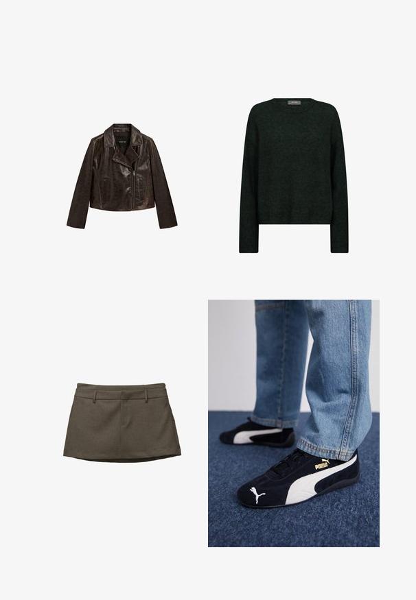 Giacca corta in pelle marrone con colletto a cresta, chiusura con zip e due tasche frontali. Presenta una texture sottile e cuciture a contrasto.; Maglione verde scuro con scollatura tonda, maniche lunghe e vestibilità rilassata. Realizzato in tessuto testurizzato, presenta sottili motivi tonali.; Gonna marrone con un design sartoriale, con passanti per cintura, due tasche frontali e un tessuto testurizzato. L'orlo è leggermente curvato.; Sneaker in suede nera con dettagli bianchi, dotate di un logo dorato. Indossate con jeans di denim azzurro e posizionate su una superficie blu testurizzata.