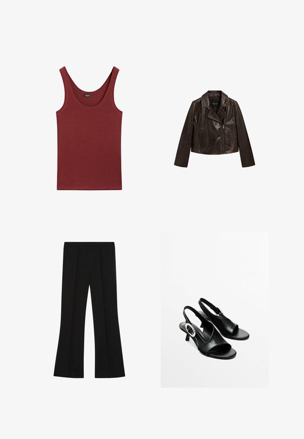 Braune Leder-Bomberjacke mit einem Reverskragen, Reißverschluss und zwei Vordertaschen. Verfügt über eine subtile Textur und Kontrastnähte.; Bordeaux-farbenes, ärmelloses Tanktop aus weicher Baumwolle mit einem Rundhalsausschnitt und normaler Passform, ausgestattet mit minimalen Nähten.; Schwarze maßgeschneiderte Hose mit hoher Taille, vorderen Falten, Seitentaschen und einem leichten Schlag an den Beinen.; Schwarze Leder-Slingback-Sandalen mit offenem Zeh, niedrigem Absatz und silbernem, rundem Hardware-Accessor auf der Seite. Glatte Textur und schlichtes Design.