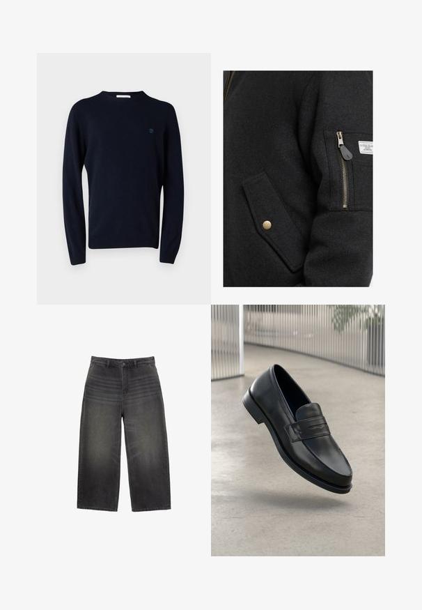 Czarna kurtka z mieszanki wełny, z zamykanym na zamek kieszonką, złotymi akcentami i kieszenią na bocznej klapie. Tkanina ma gładki, teksturowany wygląd.; Granatowy, dziany sweter z długimi rękawami, okrągłym dekoltem i małym logo na piersi. Gładka textura i dopasowany krój.; Szerokie czarne dżinsy z denimu o wyblakłym wykończeniu, z klasycznym pięciopocketowym krojem i zapięciem na guziki. Prosty krój z fakturowaną powierzchnią.; Czarna skórzana wsuwana półbut, o gładkiej fakturze, spiczastym nosku i ozdobnym paskiem na podbiciu. Lekka podeszwa, minimalistyczny design.