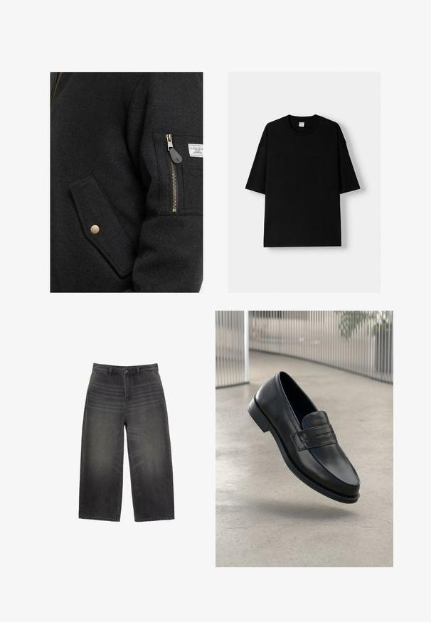 Crni sako od mješavine vune s patentnim zatvaračem, zlatnim akcentima i bočnom preklopnom džepom. Tkanina ima glatki, teksturirani izgled.; Crna pamučna majica s kratkim rukavima, okruglim izrezom i opuštenim krojem. Glatka tekstura i minimalistički dizajn, bez uzoraka ili ukrasa.; Široke crne traperice od denima s izbljeđenim završetkom, s klasičnim dizajnom s pet džepova i kopčanjem na dugme. Ravnog kroja s teksturiranom površinom.; Crni kožni loafer glatke teksture, špicastog vrha i ukrasnim remenom preko gornjeg dijela stopala. Lagani potplat, minimalistički dizajn.