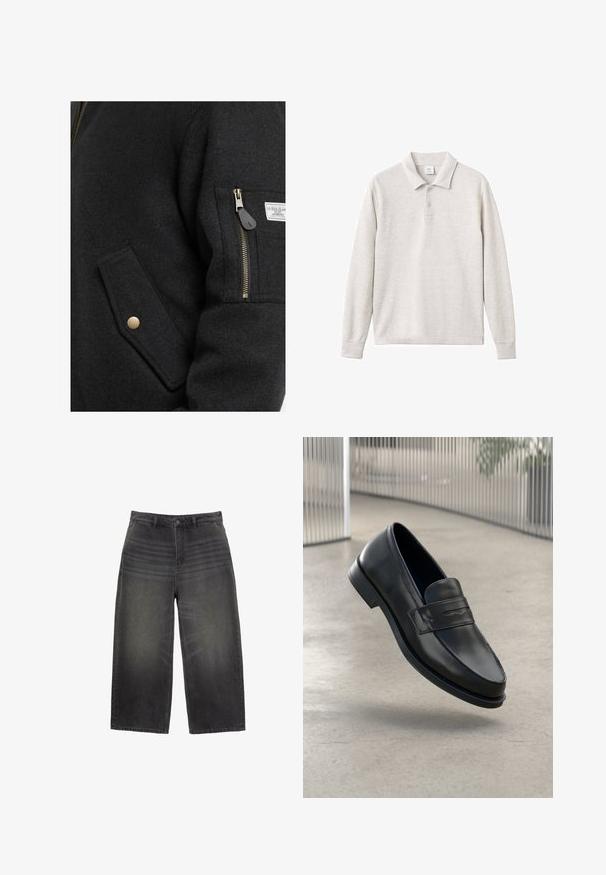 Mustasta villasekoite takista, jossa on vetoketjullinen tasku, kultaiset yksityiskohdat ja sivutasku. Kankaan pinta on sileä ja tekstuuri.; Vaaleanharmaa pitkähihainen polo-paita, jossa on kolme napinläpeä, ribbireunukset kauluksessa ja hihoissa, valmistettu pehmeästä kankaasta, jossa on sileä pinta.; Leve narine, svarta jeans med en blekt yta, som har en klassisk femfickedesign och knappstängning. Rakt snitt med en texturerad yta.; Mustat nahkaiset loaferit, joissa on sileä pinta, kärjekäs kärki ja koristeellinen remmi jalkapöydän yli. Kevyt pohja, minimalistinen muotoilu.