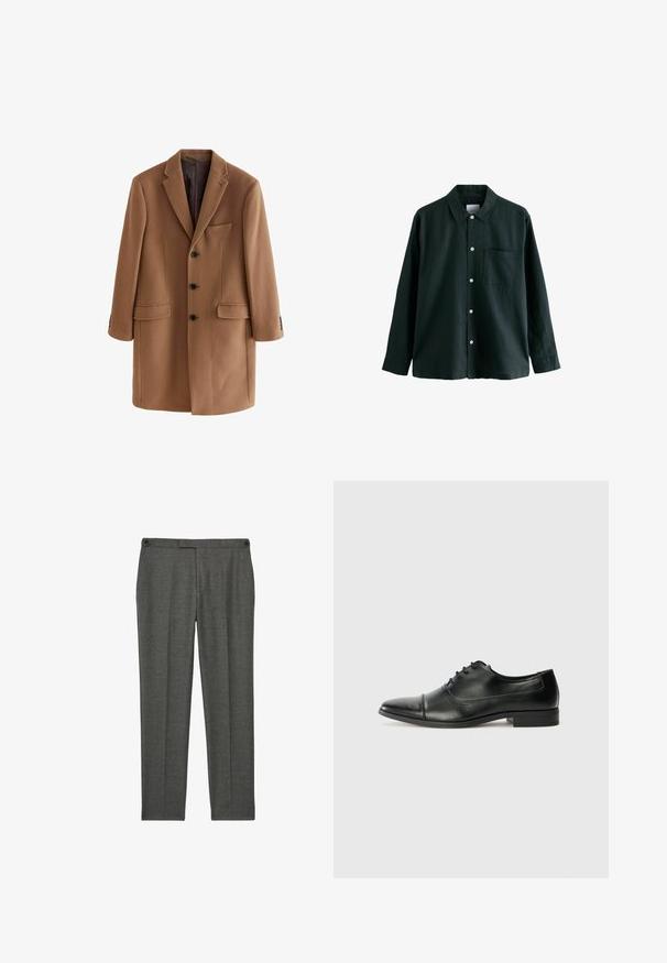 Ruskea villakangastakki, jossa on uurrettu kaulus, kolme etunappia, kaksi etutaskua ja yksi rintatasku. Sileä, strukturoidu kangas.; Tummanvihreä napitettava paita, jossa on kaulus, pitkät hihat ja yksi rintatasku; siinä on valkoiset napit ja pehmeä tekstuuri.; Harmaat muotonsa pitävät housut, jotka on valmistettu teksturoidusta kankaasta. Ominaisuuksiin kuuluu litteä etuosa, kaksi sivutaskua ja hienovaraiset ompeluyksityiskohdat.; Mustat nahkakengät, joissa on terävä kärki, nauhat ja hienovaraiset ompeluyksityiskohdat. Varustettu matalalla palkeilla ja sileällä kiiltävällä pinnalla.