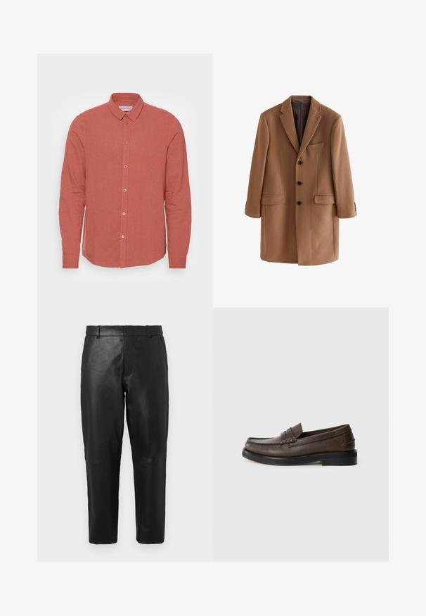 Cappotto di lana marrone con rever a punte, tre bottoni frontali, due tasche frontali e una tasca sul petto. Tessuto liscio e testurizzato.; Camicia a maniche lunghe in lino corallo sbiadito, caratterizzata da un colletto classico e chiusura frontale con bottoni coordinati. Tessuto morbido e vestibilità sagomata.; Pantaloni dritti in pelle nera con passanti per cintura e tasche laterali, esposti su uno sfondo chiaro e uniforme.; Mocassini in pelle marrone con punta tonda, cuciture dettagliate e suola piatta nera. Presentano una piccola fascia decorativa sul dorso del piede.
