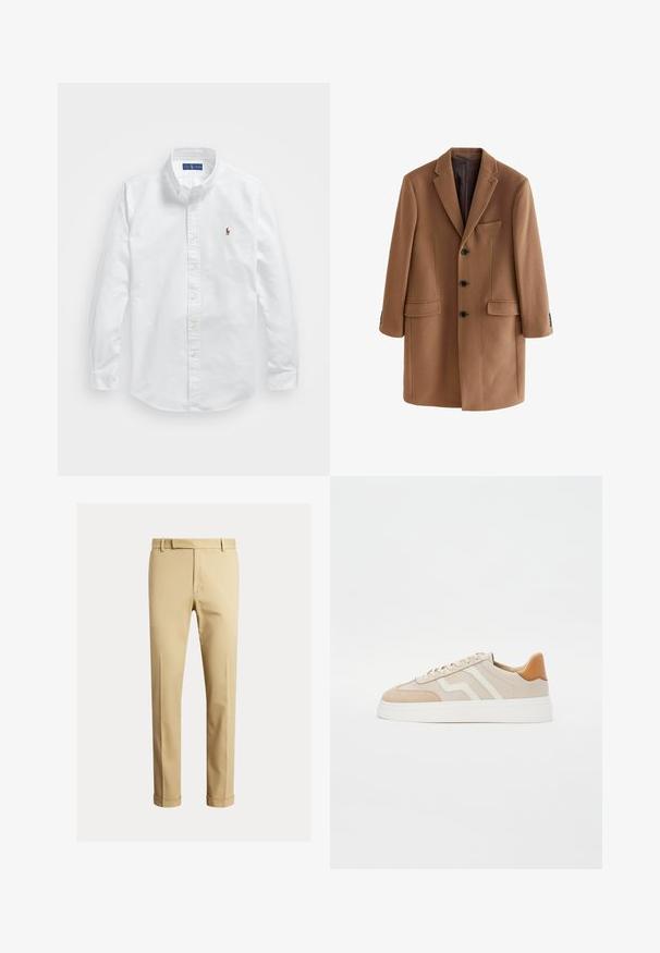 Bruine wol overjas met een geknipt revers, drie voorknopjes, twee voorzakken en een borstzak. Glad, getextureerd weefsel.; Witte katoenen overhemd met knoopsluiting, een klassieke kraag, lange mouwen en een klein geborduurd logo op de linkerkant van de borst.; Khaki chinos van soepele katoenstof, met een slank ontwerp, voorplooien en boorden bij de enkel voor een taps toelopende uitstraling.; Beige sneakers met een combinatie van glad leer en suède materialen. Voorzien van witte accenten, platte veters en een lichte plateauzool.