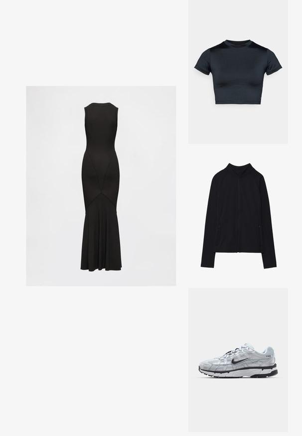 Svart långärmad jacka med dragkedja, hög krage och två framfickor med dragkedja, uppvisad plant mot vit bakgrund.; Svart ärmlös klänning med en figursydd överdel, utsvängd kjol, vertikala sömmar och en rundad halsringning. Tillverkad av mjukt, elastiskt tyg.; Kortärmad croppad top i mörk marinblått, gjord av mjukt, stretchigt tyg. Har rund halsringning och minimala sömnadsdetaljer. Inga synliga logotyper.; Nike P-6000 sneakers med en ljusgrå nätövre, svarta accenter och en hållbar sula i svart gummi. Har en intrikat design och snörningssystem.