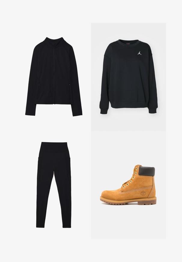 Svart langermet jakke med glidelås, høy krage og to frontlommer med glidelås, vist flat på hvit bakgrunn.; Svart hettegenser laget av bomull, med rund hals, lange ermer, ribbestrikkede mansjetter og søm, med en hvit Jumpman-logo på brystet.; Svarte leggings med en høy, ribbestrikket midje, sømløs design, sidelommer og en jevn tekstur over hele.; Brune skinn ankelstøvlett med svart polstring, gulløyelter og en teksturert såle. Har et rundt logo på siden og sømdetaljer.
