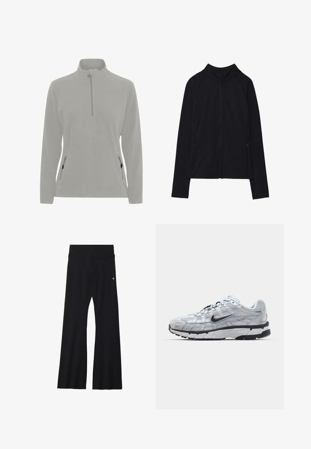 Schwarze, langärmelige Jacke mit Reißverschluss, hohem Kragen und zwei vorderen Reißverschlusstaschen, flach auf weißem Hintergrund präsentiert.; Hellgrauer Fleece-Pullover mit hohem Kragen, halber Reißverschluss, seitlichen Taschen mit Reißverschluss und einer glatten Textur. Einfaches Logo auf der Brust.; Schwarze ausgestellte Hose aus elastischem Material, mit breitem Bund und kleinem Logo an der Hüfte. Glatte Textur und ganzlanger Schnitt.; Nike P-6000 Sneakers mit einem Obermaterial aus leichtem grauem Mesh, schwarzen Akzenten und einer langlebigen schwarzen Gummisohle. Verfügt über ein komplexes Design und ein Schnürsystem.