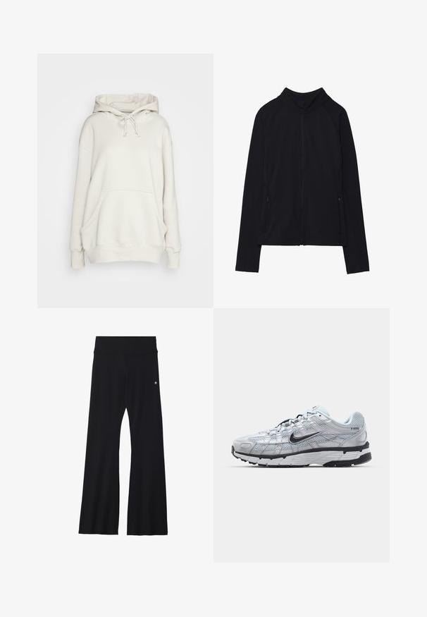 Casaco preto de mangas compridas com fecho de correr, gola alta e dois bolsos frontais com fecho, apresentado estendido sobre fundo branco.; Sweatshirt branco oversized feito de tecido suave, com capuz ajustável, bolso canguru e punhos ribados, apresentando uma textura lisa.; Calças pretas com folga, feitas de material elástico, com uma cintura larga e um pequeno logótipo na anca. Textura lisa e design de comprimento total.; Ténis Nike P-6000 com um cabedal em malha cinza claro, detalhes em preto e uma sola de borracha preta durável. Apresenta um design intrincado e um sistema de atacadores.