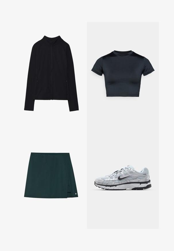 Even&Odd active Träningsjacka - black; Kortärmad croppad top i mörk marinblått, gjord av mjukt, stretchigt tyg. Har rund halsringning och minimala sömnadsdetaljer. Inga synliga logotyper.; Mörkgrön kort kjol med omslagdesign, featuring en sidoklyvning och subtil logotypdetalj nära fållen. Tillverkad av mjukt tyg.; Nike P-6000 sneakers med en ljusgrå nätövre, svarta accenter och en hållbar sula i svart gummi. Har en intrikat design och snörningssystem.