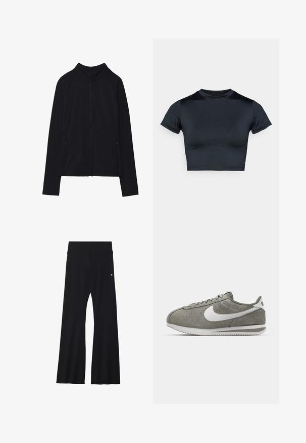Fekete, hosszú ujjú, cipzáros dzseki magas gallérral és két elől cipzáras zsebbel, fehér háttér előtt laposan elhelyezve.; Rövid ujjú, crop fazonú, sötét tengerészkék felső, sima, rugalmas anyagból. Kerek nyakkivágással és minimális varrási részletekkel rendelkezik. Látható logó nélkül.; Fekete, bővülő szárú nadrág rugalmas anyagból, széles derékrésszel és egy kis logóval a csípőnél. Sima textúrájú és teljes hosszúságú kialakítású.; Szürke velúr sportcipők fehér kiegészítőkkel, lekerekített orral, texturált felülettel és klasszikus fűzős kialakítással, bordázott talppal.