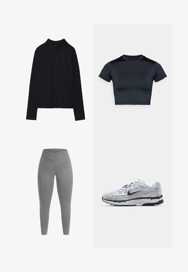 Sort langærmet lynlåsjakke med høj krave og to lynlåslommer foran, vist fladt mod en hvid baggrund.; Kortærmet cropped top i mørk navy, lavet af glat, stretchstof. Har rund halsudskæring og minimale syningsdetaljer. Ingen synlige logoer.; Grå leggings med en høj, krydset ribstrikket talje. Glat tekstur med en tætsiddende pasform. Ingen synlige mønstre eller detaljer.; Nike P-6000 sneakers med en lys grå mesh overdel, sorte accenter og en holdbar sort gummisål. Har et detaljeret design og snøresystem.