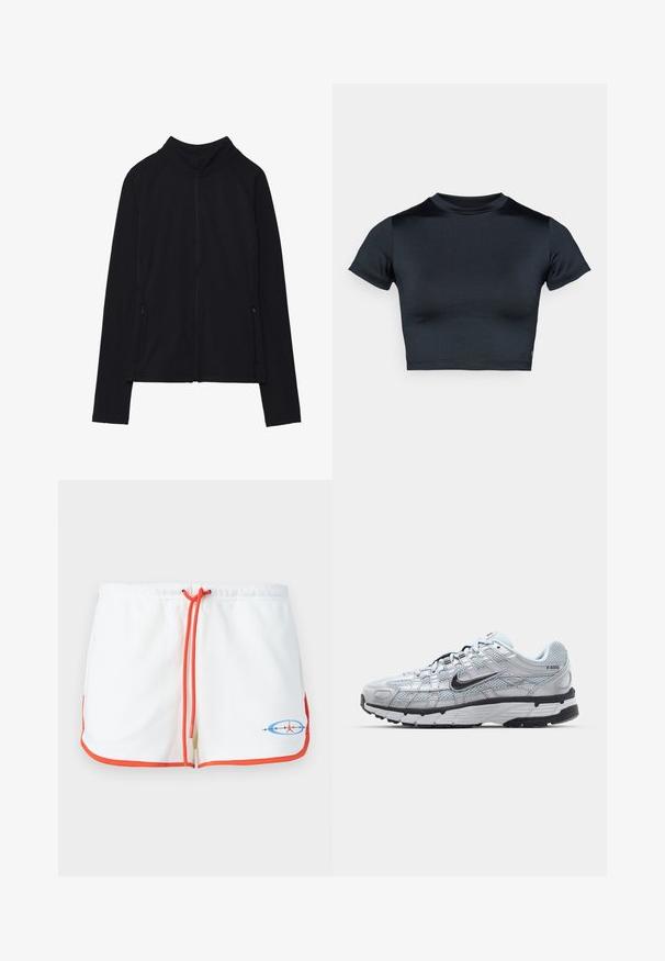 Crna jakna s dugim rukavima na patent zatvarač, visokim ovratnikom i dva prednja džepa na patent, prikazana ravno na bijeloj pozadini.; Kratka majica s kratkim rukavima u tamno plavoj boji, izrađena od glatkog, rastezljivog materijala. Ima okrugli izrez i minimalne šavove. Nema vidljivih logotipa.; Bijele hlače s narančastom vezicom i obrubom. Sadrži grafički logo u plavoj i crvenoj boji. Mekana tkanina s ležernim dizajnom.; Nike P-6000 tenisice sa svijetlosivom mrežastom gornjištu, crnim akcentima i izdržljivom crnom gumenom potplatu. Sadrže složen dizajn i sustav vezivanja.