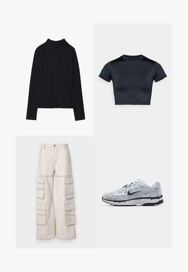 Černá bunda na zip s dlouhými rukávy, vysokým límcem a dvěma předními kapsami na zip, položena na bílém pozadí.; Krátké tričko s krátkým rukávem ve tmavě námořnické modři, vyrobené z hladké elastické látky. Má kulatý výstřih a minimální švy. Žádné viditelné loga.; Bežové cargo kalhoty vyrobené z odolné tkaniny, s několika postranními kapsami a kontrastním šitím, širokého střihu a zapínáním na knoflík.; Tenisky Nike P-6000 s lehkou šedou síťovinou, černými akcenty a odolnou černou gumovou podrážkou. Vyznačují se složitým designem a systémem šněrování.