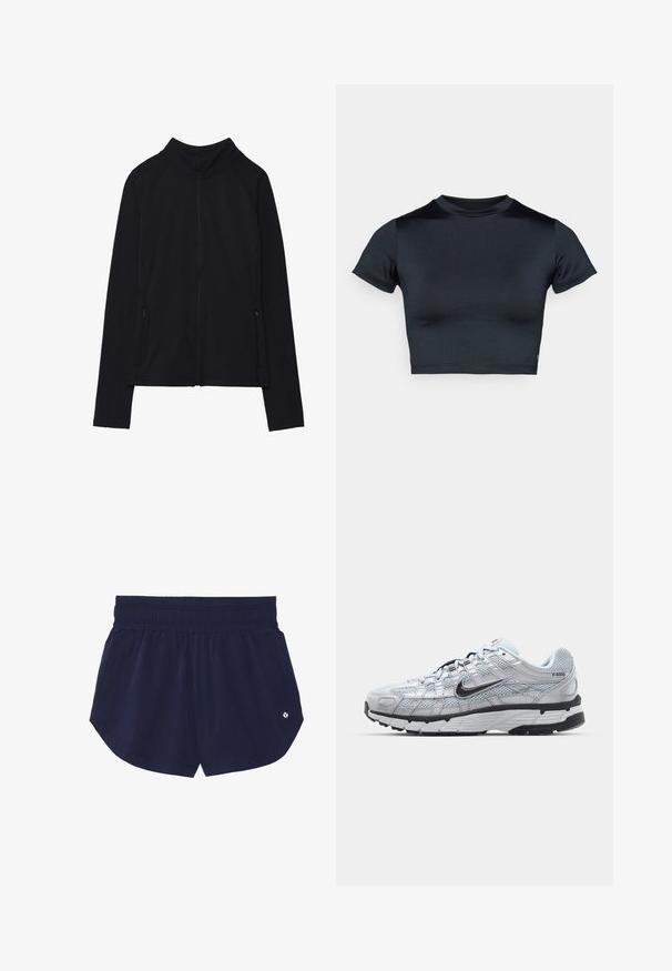 Juoda ilgarankovė striukė su užtrauktuku, aukštu apykakliu ir dviem priekinėmis kišenėmis su užtrauktukais, pateikta išdėstyta ant baltos fono.; Tamsiai mėlynas trumpomis rankovėmis crop topas, pagamintas iš lygaus, tamprios medžiagos. Suapvalinta iškirptė ir minimalūs siuvimo detalės. Logotipų nėra.; Tamsiai mėlynos sportinės šortai su elastinga juosmens juosta, dviem šoninėmis kišenėmis ir mažu logotipu apatiniame dešiniajame kampe. Lygus paviršius ir laisvas siluetas.; Nike P-6000 sportbačiai su šviesiai pilku tinkleliu, juodais akcentais ir patvariu juodu guminėm padais. Yra sudėtingas dizainas ir raištelių sistema.