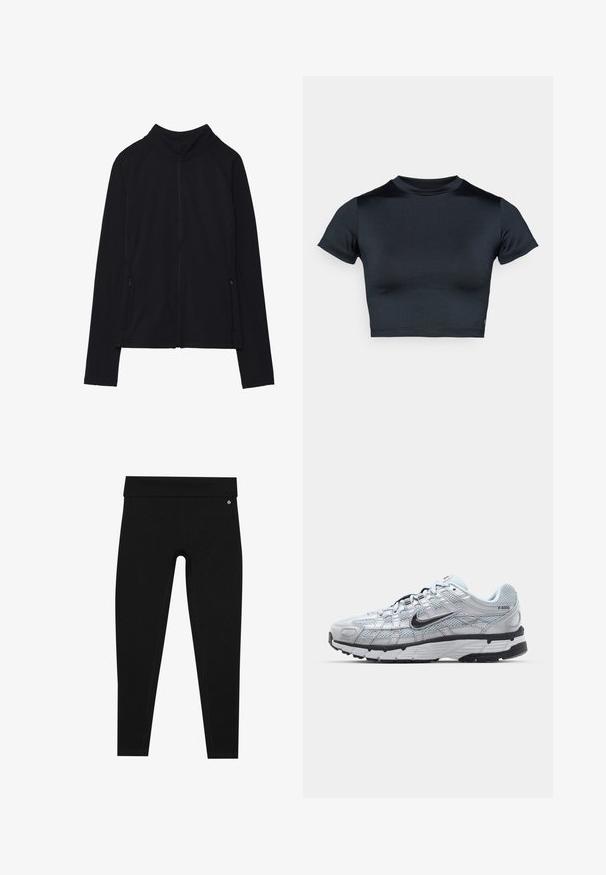 Black long-sleeve zip-up jacket with high collar and two front zippered pockets, displayed flat against white background.; Short-sleeve cropped top in dark navy, made of smooth, stretch fabric. Features a round neckline and minimal stitching details. No logos visible.; Black leggings with a high waistband. Made from a smooth, stretchy material with flat seams and a small logo accent near the waistband.; Nike P-6000 sneakers with a light grey mesh upper, black accents, and a durable black rubber sole. Features intricate design and lacing system.