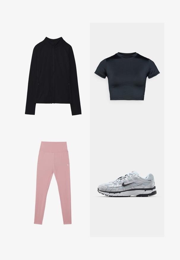 Veste noire à manches longues avec fermeture éclair, col montant et deux poches avant zippées, présentée à plat sur fond blanc.; Haut court à manches courtes en bleu marine foncé, fabriqué en tissu lisse et extensible. Présente un col rond et des détails de couture minimes. Aucun logo visible.; Leggings roses taille haute en tissu extensible. Présentent une texture lisse avec un logo sur la hanche gauche et des coutures surpiquées.; Baskets Nike P-6000 avec une tige en mesh gris clair, des accents noirs et une semelle en caoutchouc noir durable. Présente un design complexe et un système de laçage.