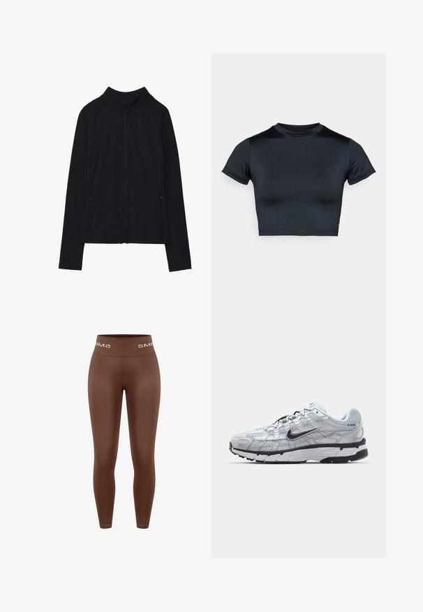 Zwarte lange mouwen jas met ritssluiting, hoge kraag en twee voorzakken met rits, plat neergelegd tegen een witte achtergrond.; Kort mouw cropped top in donker marineblauw, gemaakt van glad, rekbaar stof. Voorzien van een ronde halslijn en minimale stikdetails. Geen zichtbare logo's.; Bruine legging met hoge taille en een gladde textuur, voorzien van een gebreide tailleband met het "SMIMS"-logo in het wit, nauwsluitend design, en een volledige lengte.; Nike P-6000 sneakers met een lichtgrijze mesh bovenkant, zwarte accenten en een duurzame zwarte rubberen zool. Kenmerkt zich door een ingewikkeld ontwerp en vetersysteem.