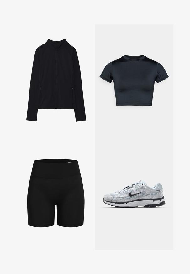 Czarna kurtka zapinana na suwak z długim rękawem, z wysokim kołnierzem i dwoma przednimi kieszeniami na suwak, wyłożona na płasko na białym tle.; Krótki top z krótkim rękawem w ciemnym granacie, wykonany z gładkiej, elastycznej tkaniny. Posiada okrągły dekolt i minimalne przeszycia. Brak widocznych logo.; Czarne sportowe spodenki o gładkim, elastycznym materiale; wysoki stan; bez widocznych wzorów ani elementów metalowych; w długości do kolan.; Nike P-6000 sneakers z jasnoszarym siateczkowym wierzchem, czarnymi akcentami i trwałą czarną gumową podeszwą. Charakteryzują się skomplikowanym wzornictwem i systemem sznurowania.