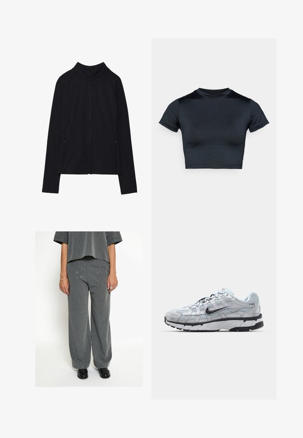 Black long-sleeve zip-up jacket with high collar and two front zippered pockets, displayed flat against white background.; Short-sleeve cropped top in dark navy, made of smooth, stretch fabric. Features a round neckline and minimal stitching details. No logos visible.; Person wearing grey wide-leg pants and matching speckled top, with black loafers, silver rings, and bracelet, standing against white background.; Nike P-6000 sneakers with a light grey mesh upper, black accents, and a durable black rubber sole. Features intricate design and lacing system.