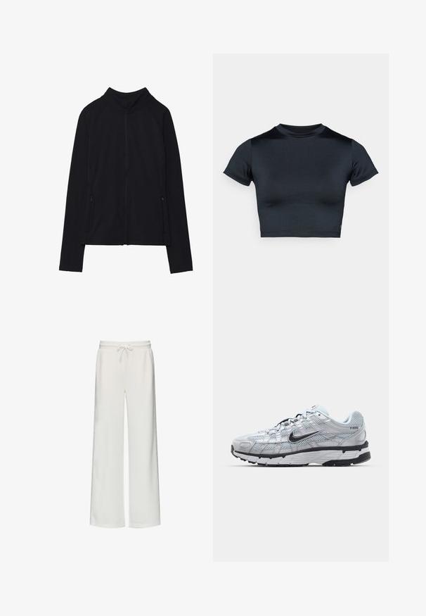 Czarna kurtka zapinana na suwak z długim rękawem, z wysokim kołnierzem i dwoma przednimi kieszeniami na suwak, wyłożona na płasko na białym tle.; Krótki top z krótkim rękawem w ciemnym granacie, wykonany z gładkiej, elastycznej tkaniny. Posiada okrągły dekolt i minimalne przeszycia. Brak widocznych logo.; Białe długie spodnie dresowe z szerokimi nogawkami, wykonane z miękkiego materiału, z elastycznym paskiem w talii i sznurkiem oraz kontrastowymi paskami po bokach.; Nike P-6000 sneakers z jasnoszarym siateczkowym wierzchem, czarnymi akcentami i trwałą czarną gumową podeszwą. Charakteryzują się skomplikowanym wzornictwem i systemem sznurowania.