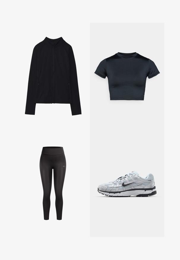 Zwarte lange mouwen jas met ritssluiting, hoge kraag en twee voorzakken met rits, plat neergelegd tegen een witte achtergrond.; Kort mouw cropped top in donker marineblauw, gemaakt van glad, rekbaar stof. Voorzien van een ronde halslijn en minimale stikdetails. Geen zichtbare logo's.; Zwarte sportleggings met een hoge tailleband, een gladde textuur, een nauwsluitend ontwerp en een klein logodetail aan de zijkant.; Nike P-6000 sneakers met een lichtgrijze mesh bovenkant, zwarte accenten en een duurzame zwarte rubberen zool. Kenmerkt zich door een ingewikkeld ontwerp en vetersysteem.