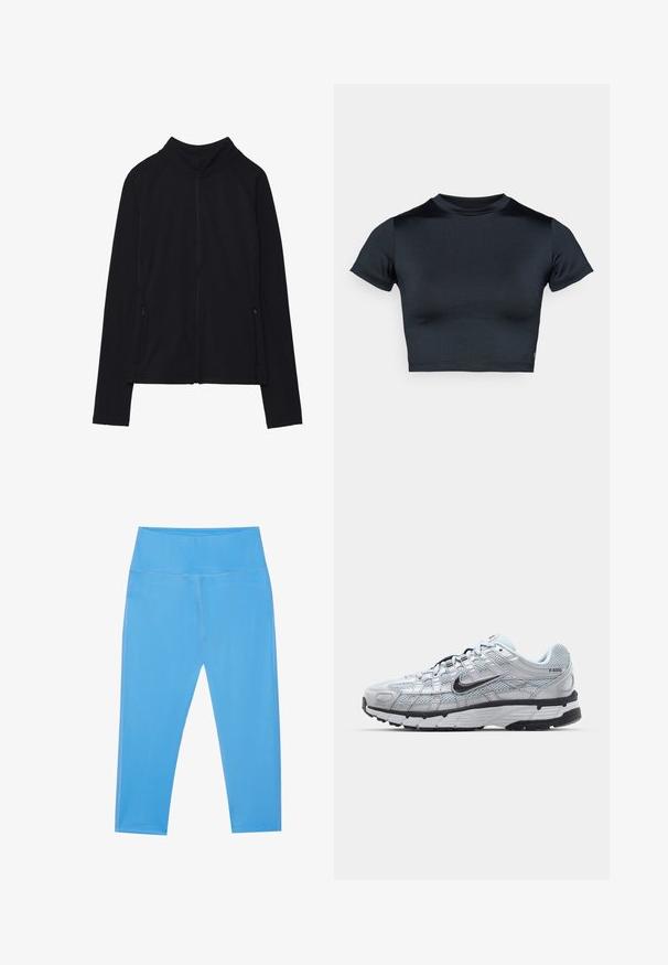 Mustast pikkade varrukatega lukuga jakk kõrge kraega ja kahe esiosaga lukuga taskuga, eksponeeritud lamedana valgel taustal.; Lühikeste varrukatega lühike tume mereväe sinine topp, valmistatud siledast ja elastsetest kangast. Omab ümmargust kaelust ja minimaalseid õmbluse detaile. Logosid ei ole nähtaval.; Sinised venitusretuusid kõrge vöökohaga, sileda tekstuuriga, pahkluu pikkuses ja peente õmblusdetailidega külgedel.; Nike P-6000 tenniset heleda halli võrgust pealteega, mustade aktsentidega ja vastupidava musta kummist tallaga. Omab keerukat disaini ja paeltesüsteemi.