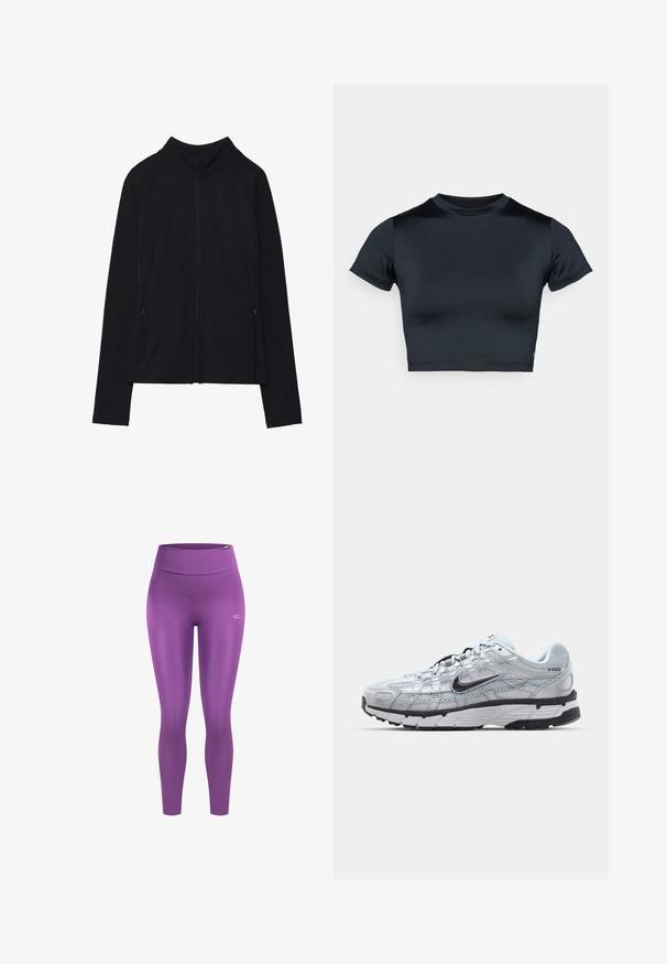Zwarte lange mouwen jas met ritssluiting, hoge kraag en twee voorzakken met rits, plat neergelegd tegen een witte achtergrond.; Kort mouw cropped top in donker marineblauw, gemaakt van glad, rekbaar stof. Voorzien van een ronde halslijn en minimale stikdetails. Geen zichtbare logo's.; Paarse sportlegging met een hoge tailleband, gemaakt van een glad, rekbaar materiaal. Voorzien van een subtiel logo aan de linkerkant.; Nike P-6000 sneakers met een lichtgrijze mesh bovenkant, zwarte accenten en een duurzame zwarte rubberen zool. Kenmerkt zich door een ingewikkeld ontwerp en vetersysteem.