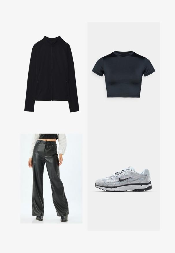 Czarna kurtka zapinana na suwak z długim rękawem, z wysokim kołnierzem i dwoma przednimi kieszeniami na suwak, wyłożona na płasko na białym tle.; Krótki top z krótkim rękawem w ciemnym granacie, wykonany z gładkiej, elastycznej tkaniny. Posiada okrągły dekolt i minimalne przeszycia. Brak widocznych logo.; Czarne szerokie spodnie z faux skóry z wysokim stanem, przednimi kieszeniami i gładką fakturą. Posiadają pojedyncze zapięcie na guzik i szlufki na pasek.; Nike P-6000 sneakers z jasnoszarym siateczkowym wierzchem, czarnymi akcentami i trwałą czarną gumową podeszwą. Charakteryzują się skomplikowanym wzornictwem i systemem sznurowania.