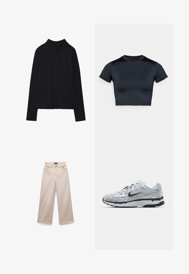 Mustast pikkade varrukatega lukuga jakk kõrge kraega ja kahe esiosaga lukuga taskuga, eksponeeritud lamedana valgel taustal.; Lühikeste varrukatega lühike tume mereväe sinine topp, valmistatud siledast ja elastsetest kangast. Omab ümmargust kaelust ja minimaalseid õmbluse detaile. Logosid ei ole nähtaval.; Beige laiad jalgadega puuvillased püksid, millel on sile tekstuur. Omab viit taskut, vöölukke ja hõbedast kinnitusdetailid ees.; Nike P-6000 tenniset heleda halli võrgust pealteega, mustade aktsentidega ja vastupidava musta kummist tallaga. Omab keerukat disaini ja paeltesüsteemi.