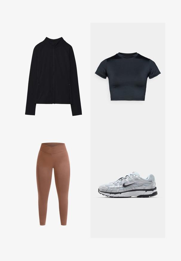 Musta pitkähihainen vetoketjullinen takki, jossa korkea kaulus ja kaksi etutaskua vetoketjulla, esitettynä tasaisesti valkoista taustaa vasten.; Lyhythihainen lyhyt toppi tummansinisenä, valmistettu sileästä, joustavasta kankaasta. Pyöreä pääntie ja minimaalinen ompeludetaljit. Ei näkyviä logoja.; Ruskeat legginssit saumattomalla, korkeavyötäröisellä vyötärönauhalla, jossa on ristiin menevä kuvio. Valmistettu joustavasta, sileästä materiaalista, sopivat aktiiviseen käyttöön.; Nike P-6000 tennarit, joissa on vaaleanharmaa verkkomateriaali, mustia yksityiskohtia ja kestävä musta kumipohja. Ominaisuuksia ovat monimutkainen muotoilu ja nauhoitusjärjestelmä.