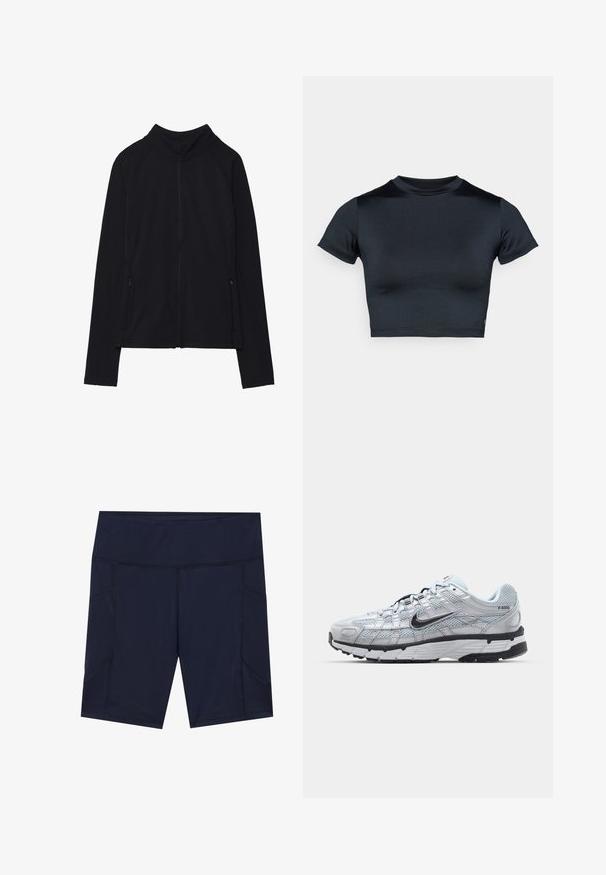 Mustast pikkade varrukatega lukuga jakk kõrge kraega ja kahe esiosaga lukuga taskuga, eksponeeritud lamedana valgel taustal.; Lühikeste varrukatega lühike tume mereväe sinine topp, valmistatud siledast ja elastsetest kangast. Omab ümmargust kaelust ja minimaalseid õmbluse detaile. Logosid ei ole nähtaval.; Tumed sinised spordilühikesed püksid, millel on sile tekstuur, lai lõuendi ja kaks küljetaskut. Eristavaid õmbluse detaile ja keha tüüpi lõige.; Nike P-6000 tenniset heleda halli võrgust pealteega, mustade aktsentidega ja vastupidava musta kummist tallaga. Omab keerukat disaini ja paeltesüsteemi.