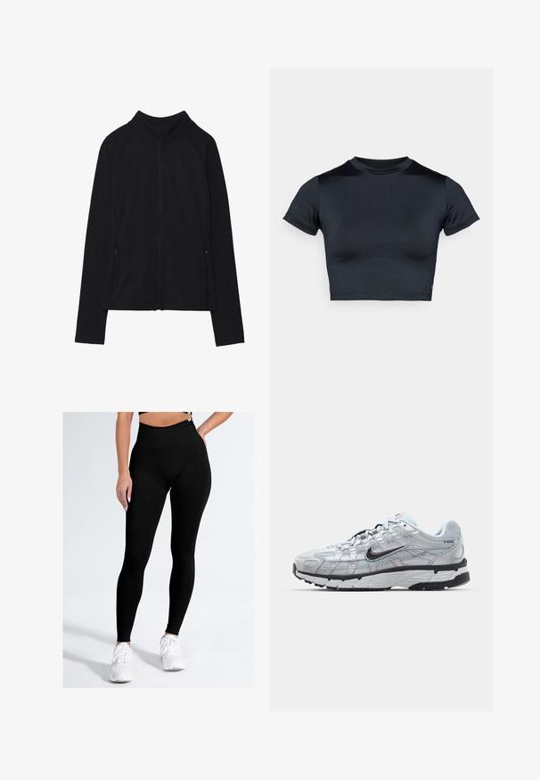Sort langærmet lynlåsjakke med høj krave og to lynlåslommer foran, vist fladt mod en hvid baggrund.; Kortærmet cropped top i mørk navy, lavet af glat, stretchstof. Har rund halsudskæring og minimale syningsdetaljer. Ingen synlige logoer.; Sorte leggings med høj talje, fremstillet af glat, strækbart stof. Designet har en tætsiddende silhuet uden synlige mønstre eller accenter.; Nike P-6000 sneakers med en lys grå mesh overdel, sorte accenter og en holdbar sort gummisål. Har et detaljeret design og snøresystem.