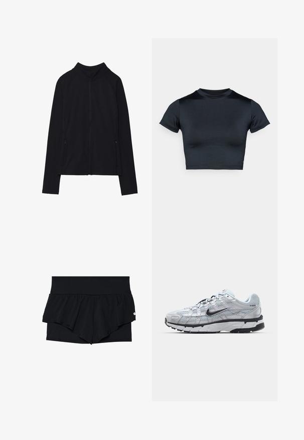 Fekete, hosszú ujjú, cipzáros dzseki magas gallérral és két elől cipzáras zsebbel, fehér háttér előtt laposan elhelyezve.; Rövid ujjú, crop fazonú, sötét tengerészkék felső, sima, rugalmas anyagból. Kerek nyakkivágással és minimális varrási részletekkel rendelkezik. Látható logó nélkül.; Fekete sportos rövidnadrág, réteges fodor kialakítással. A külső réteg sima, míg a belső textúrált, perforált anyagból készült.; Nike P-6000 sportcipő, világosszürke hálós felsőrésszel, fekete részletekkel és tartós fekete gumitalppal. Bonyolult dizájnnal és fűzőrendszerrel rendelkezik.