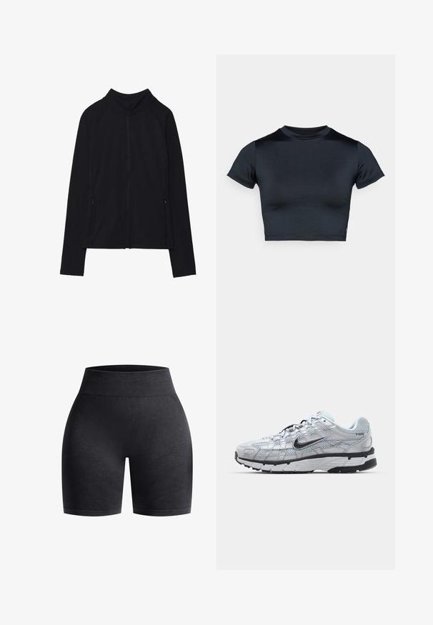 Musta pitkähihainen vetoketjullinen takki, jossa korkea kaulus ja kaksi etutaskua vetoketjulla, esitettynä tasaisesti valkoista taustaa vasten.; Lyhythihainen lyhyt toppi tummansinisenä, valmistettu sileästä, joustavasta kankaasta. Pyöreä pääntie ja minimaalinen ompeludetaljit. Ei näkyviä logoja.; Mustat urheilushortsit korkealla vyötäröllä, valmistettu teksturoidusta kankaasta, jossa on hienovaraisia vaaleita vaakaraitoja ja sileä helma.; Nike P-6000 tennarit, joissa on vaaleanharmaa verkkomateriaali, mustia yksityiskohtia ja kestävä musta kumipohja. Ominaisuuksia ovat monimutkainen muotoilu ja nauhoitusjärjestelmä.
