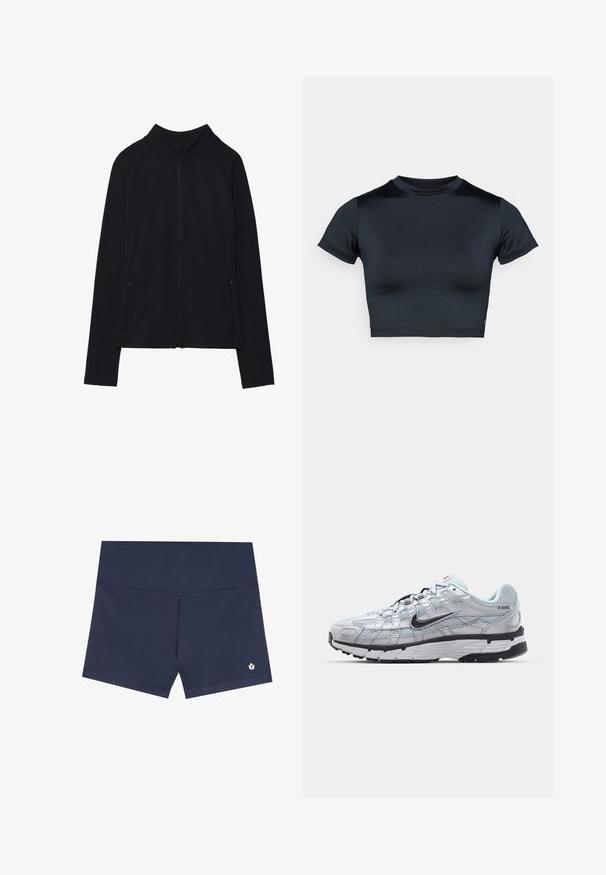 Czarna kurtka zapinana na suwak z długim rękawem, z wysokim kołnierzem i dwoma przednimi kieszeniami na suwak, wyłożona na płasko na białym tle.; Krótki top z krótkim rękawem w ciemnym granacie, wykonany z gładkiej, elastycznej tkaniny. Posiada okrągły dekolt i minimalne przeszycia. Brak widocznych logo.; Granatowe szorty kąpielowe wykonane z gładkiego materiału, z bezszwowym designem, elastycznym pasem i małym logo w dolnym prawym rogu.; Nike P-6000 sneakers z jasnoszarym siateczkowym wierzchem, czarnymi akcentami i trwałą czarną gumową podeszwą. Charakteryzują się skomplikowanym wzornictwem i systemem sznurowania.