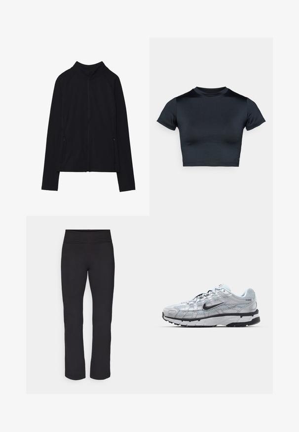 Even&Odd active Training jacket - black; Short-sleeve cropped top in dark navy, made of smooth, stretch fabric. Features a round neckline and minimal stitching details. No logos visible.; Black leggings with a smooth, stretchy fabric and a wide waistband. They have straight, full-length legs and no visible patterns or accents.; Nike P-6000 sneakers with a light grey mesh upper, black accents, and a durable black rubber sole. Features intricate design and lacing system.