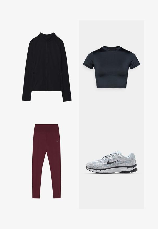 Sort langærmet lynlåsjakke med høj krave og to lynlåslommer foran, vist fladt mod en hvid baggrund.; Kortærmet cropped top i mørk navy, lavet af glat, stretchstof. Har rund halsudskæring og minimale syningsdetaljer. Ingen synlige logoer.; Maroons leggings lavet af strækbart stof med et bredt taljebånd, der har en lille logo-detalje fortil. Glat, tætsiddende design.; Nike P-6000 sneakers med en lys grå mesh overdel, sorte accenter og en holdbar sort gummisål. Har et detaljeret design og snøresystem.
