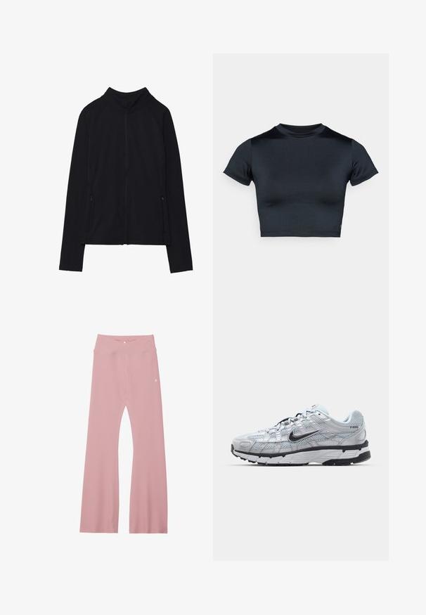 Black long-sleeve zip-up jacket with high collar and two front zippered pockets, displayed flat against white background.; Short-sleeve cropped top in dark navy, made of smooth, stretch fabric. Features a round neckline and minimal stitching details. No logos visible.; Light pink ribbed leggings with wide flared legs, featuring a cross-over waistband and minimal branding on the front.; Nike P-6000 sneakers with a light grey mesh upper, black accents, and a durable black rubber sole. Features intricate design and lacing system.