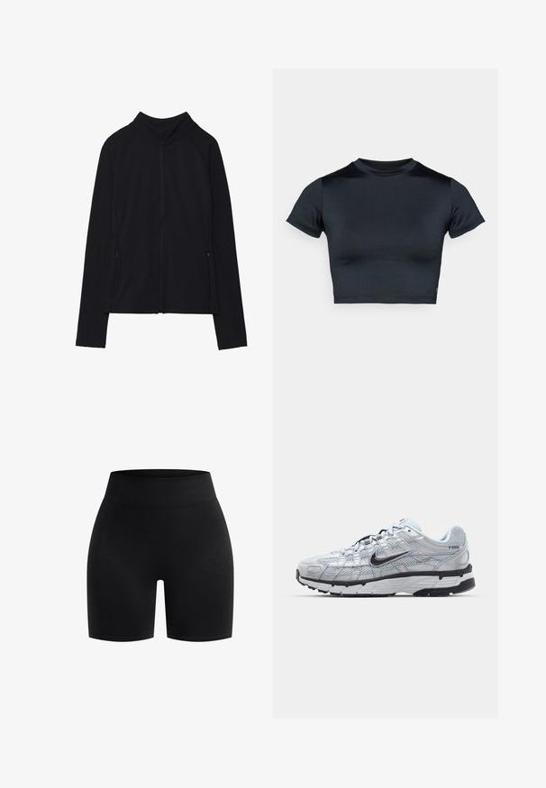 Sort langærmet lynlåsjakke med høj krave og to lynlåslommer foran, vist fladt mod en hvid baggrund.; Kortærmet cropped top i mørk navy, lavet af glat, stretchstof. Har rund halsudskæring og minimale syningsdetaljer. Ingen synlige logoer.; sorte atletiske shorts lavet af strækbart stof, med et bredt ribbet livbånd og glat tekstur, skåret til midt-lår længde.; Nike P-6000 sneakers med en lys grå mesh overdel, sorte accenter og en holdbar sort gummisål. Har et detaljeret design og snøresystem.