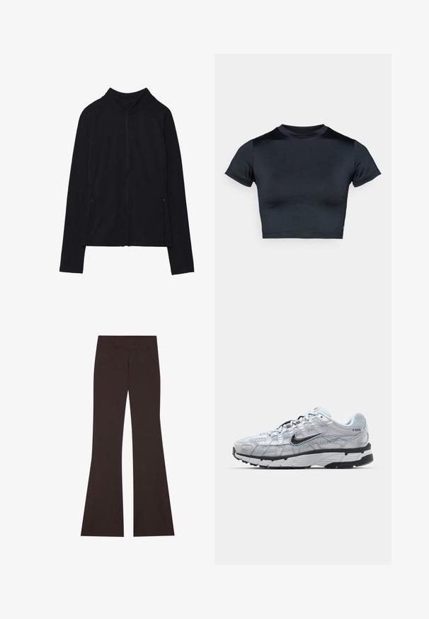 Sort langærmet lynlåsjakke med høj krave og to lynlåslommer foran, vist fladt mod en hvid baggrund.; Kortærmet cropped top i mørk navy, lavet af glat, stretchstof. Har rund halsudskæring og minimale syningsdetaljer. Ingen synlige logoer.; Brune flagrende bukser med bred talje, lavet af strækbart materiale. Har sideåbninger ved kanten og flade sømme.; Nike P-6000 sneakers med en lys grå mesh overdel, sorte accenter og en holdbar sort gummisål. Har et detaljeret design og snøresystem.