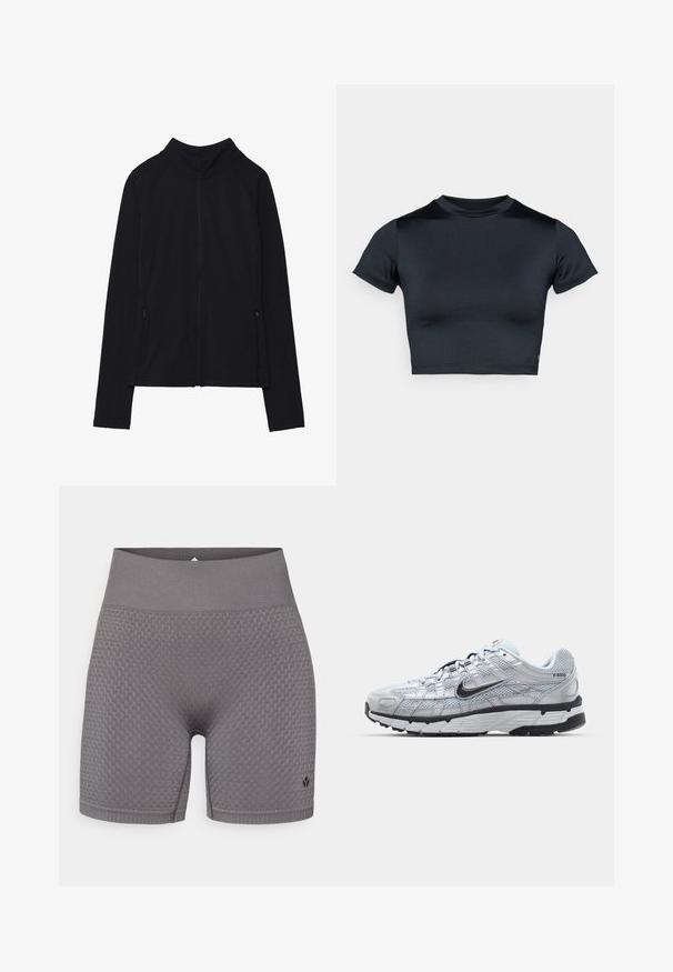 Giacca nera a maniche lunghe con zip e collo alto, due tasche frontali con zip, mostrata distesa su sfondo bianco.; Top corto a maniche corte in blu navy scuro, realizzato in tessuto liscio e elasticizzato. Presenta una scollatura tonda e dettagli di cuciture minimali. Nessun logo visibile.; Shorts sportivi grigi con texture, dotati di una ampia vita elasticizzata e un logo discreto sul lato sinistro in basso. Il tessuto presenta un design a motivi.; Sneakers Nike P-6000 con una toma superiore in mesh grigio chiaro, accenti neri e una resistente suola in gomma nera. Dotati di un design intricato e di un sistema di allacciatura.