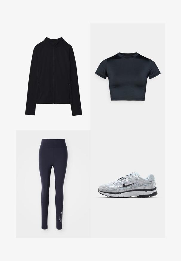 Casaco preto de mangas compridas com fecho de correr, gola alta e dois bolsos frontais com fecho, apresentado estendido sobre fundo branco.; Top cropped de manga curta em azul-marinho escuro, feito de tecido liso e elástico. Apresenta decote redondo e detalhes mínimos de costura. Sem logótipos visíveis.; Leggings de desporto azul marinho com uma cintura alta e uma textura suave, apresentando o texto "ONLY PLAY ATHLEISURE" em branco na parte inferior da perna.; Ténis Nike P-6000 com um cabedal em malha cinza claro, detalhes em preto e uma sola de borracha preta durável. Apresenta um design intrincado e um sistema de atacadores.