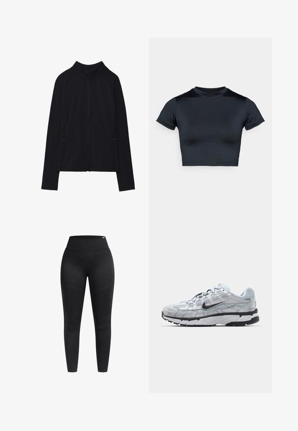 Schwarze, langärmelige Jacke mit Reißverschluss, hohem Kragen und zwei vorderen Reißverschlusstaschen, flach auf weißem Hintergrund präsentiert.; Kurzärmeliges, bauchfreies Top in Dunkelblau, hergestellt aus glattem, elastischem Stoff. Verfügt über einen runden Ausschnitt und minimale Nahtdetails. Keine sichtbaren Logos.; Schwarze Leggings mit hohem Bund, glatter Textur und figurbetontem Design. Merkmale eine minimalistische Nahtgestaltung und ein dehnbares Material.; Nike P-6000 Sneakers mit einem Obermaterial aus leichtem grauem Mesh, schwarzen Akzenten und einer langlebigen schwarzen Gummisohle. Verfügt über ein komplexes Design und ein Schnürsystem.