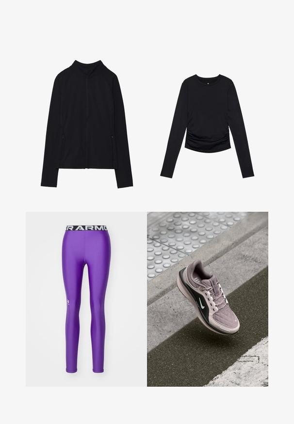 Czarna kurtka zapinana na suwak z długim rękawem, z wysokim kołnierzem i dwoma przednimi kieszeniami na suwak, wyłożona na płasko na białym tle.; Czarny top z długim rękawem i okrągłym dekoltem, ozdobiony marszczeniami po bokach, wyeksponowany na jednolitym białym tle.; Under Armour - Rajstopy; Jasnofioletowy but sportowy z pikowaną teksturą, czarnymi akcentami po bokach i białym logo. Posiada sznurowadła i amortyzowaną podeszwę dla komfortu.