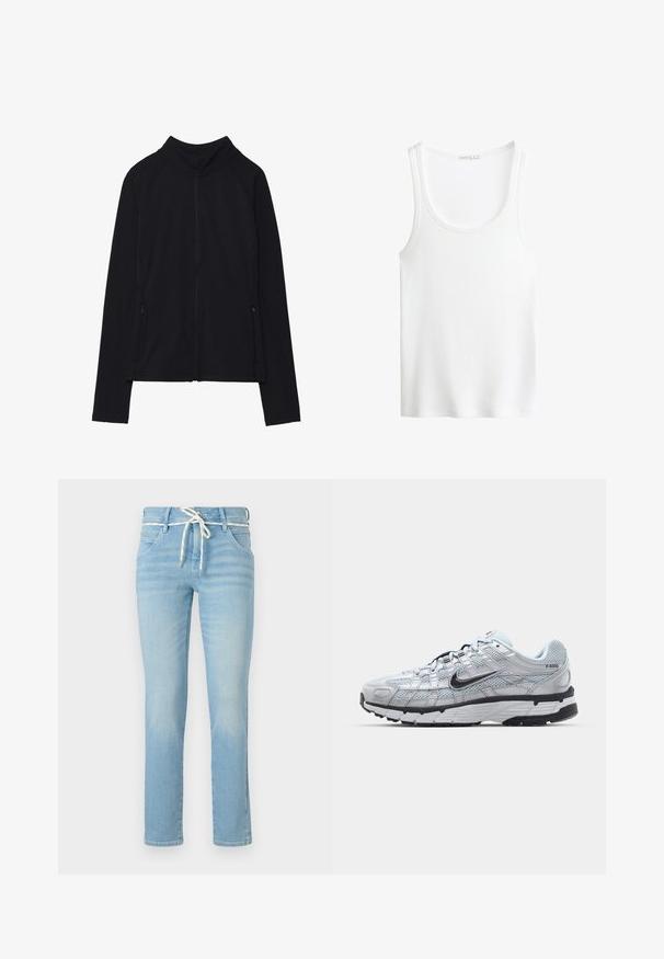 Črna jakna z dolgimi rokavi, z zadrgo, visokim ovratnikom in dvema sprednjima žepoma z zadrgo, položena ravno na belo ozadje.; Bela rebrasta majica s širokimi naramnicami in globokim izrezom. Mehka tkanina in šivani robovi. Preprost, oprijet dizajn.; Svijetloplave traperice ravnog kroja, s bijelim konopcem u struku i suptilnim izbljeđivanjem kroz cijelu površinu.; Nike P-6000 športni copati z lahkim sivim mrežastim zgornjim delom, črnimi dodatki in trdim črnim gumijastim podplatom. Imajo zapleten dizajn in sistem vezalk.