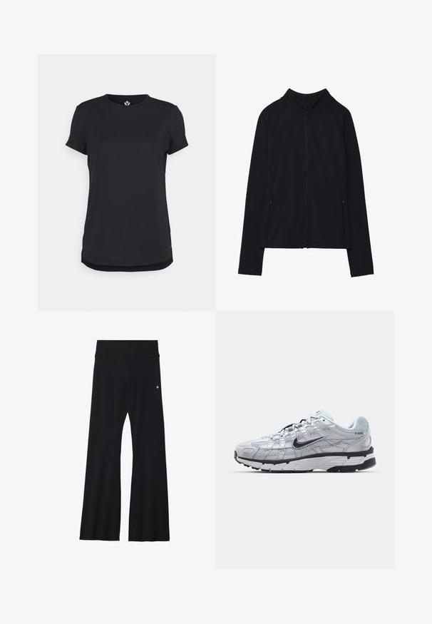 Črna jakna z dolgimi rokavi, z zadrgo, visokim ovratnikom in dvema sprednjima žepoma z zadrgo, položena ravno na belo ozadje.; Even&Odd active ADAPTIVE SPORTS T-SHIRT WITH OPENING - Športne majice - black; Črne široke hlače iz raztegljivega materiala z širokim pasom in majhno logotipom na boku. Gladek tekstura in dolžina do tal.; Nike P-6000 športni copati z lahkim sivim mrežastim zgornjim delom, črnimi dodatki in trdim črnim gumijastim podplatom. Imajo zapleten dizajn in sistem vezalk.